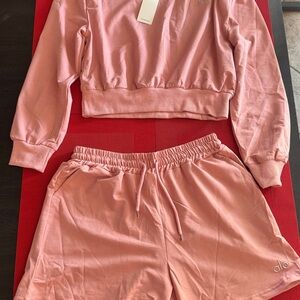 ALO Yoga Pink Cropped Sweatshirt and Shorts Set